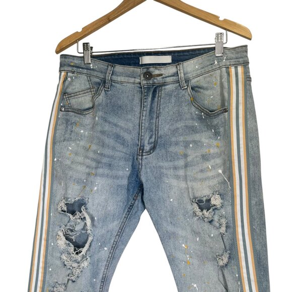 KDNK NORIEGA STRIPED SIDE PANEL JEANS Mens 34 Stretch Skinny Distressed D18 - Picture 10 of 11